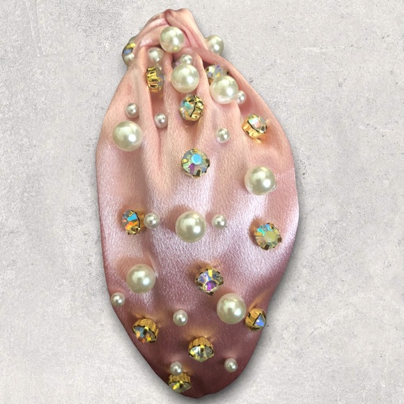 ⭐️ Brand New - Satin Top Knot Headband with Pearls in Pink - Picture 3 of 5